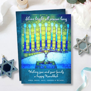 Blue Green Hanukkah Menorah Shine Bright Script Feiertagskarte