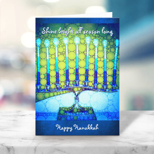 Blue Green Hanukkah Menorah Shine Bright Zitat Feiertagskarte