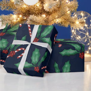 Blue Green Holly Verlasse Red Berries Candy Cane Geschenkpapier