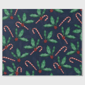 Blue Green Holly Verlasse Red Berries Candy Cane Geschenkpapier (Flach)