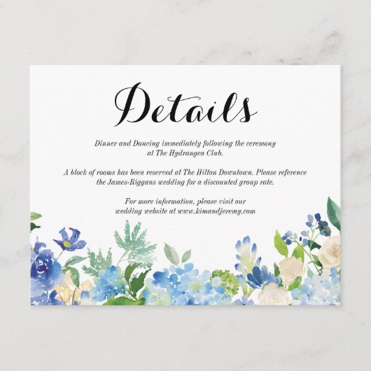 Blue Green Hydrangea Blume Wedding Details Card Begleitkarte (Vorderseite)