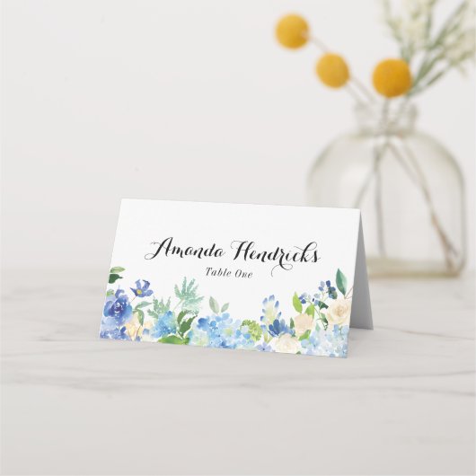 Blue Green Hydrangea Blume Wedding Escort Card Platzkarte (Vorderseite)