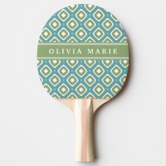 Blue Green Ikat Mod Pattern mit Name Tischtennis Schläger (Vorderseite)
