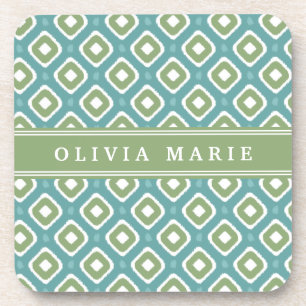 Blue Green Ikat Mod Pattern mit Name Untersetzer