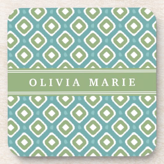 Blue Green Ikat Mod Pattern mit Name Untersetzer (Vorderseite)