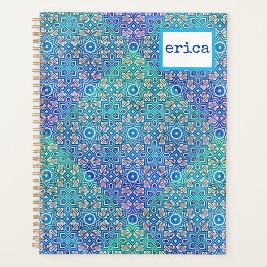 Blue Green Kaleidoscope Muster Boho Name Planer (Vorderseite)
