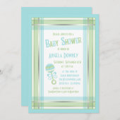 Blue Green Kariert Rattle Baby Dusche Einladung (Vorne/Hinten)
