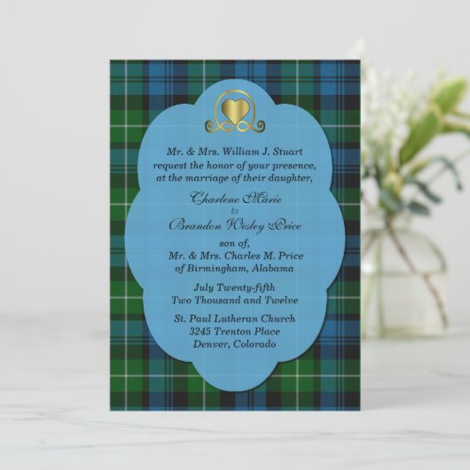 Blue & Green Lamont Tartan Karierte Custom Wedding Einladung (Stehend Vorderseite)