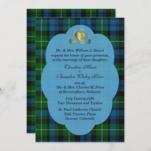 Blue & Green Lamont Tartan Karierte Custom Wedding Einladung (Vorne/Hinten)