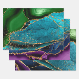 Blue, Green & Lila & Gold Glitzer Peacock Agate Geschenkpapier Set