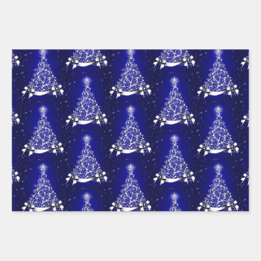 Blue Green & Lila Silver Tree Motif Geschenkpapier Set (Vorderseite)