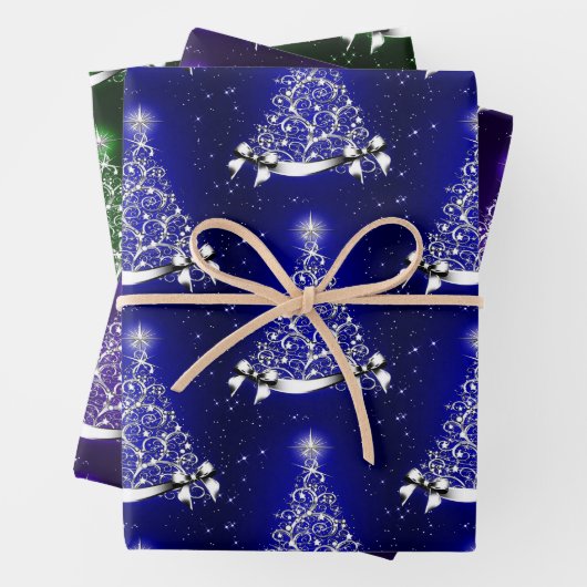 Blue Green & Lila Silver Tree Motif Geschenkpapier Set (Beispiel)