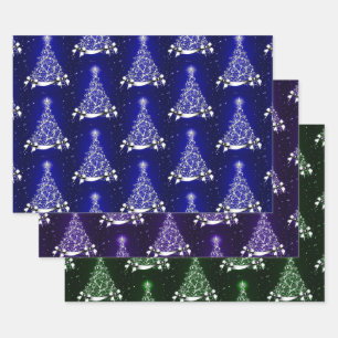 Blue Green & Lila Silver Tree Motif Geschenkpapier Set
