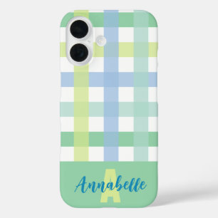 Blue Green Limon Pastel Gingham Pattern Monogram iPhone 16 Hülle