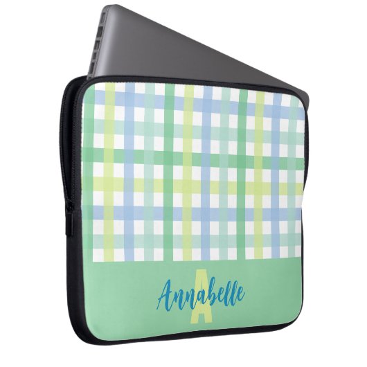 Blue Green Limon Pastel Gingham Pattern Monogram Laptopschutzhülle (Vorne Rechts)