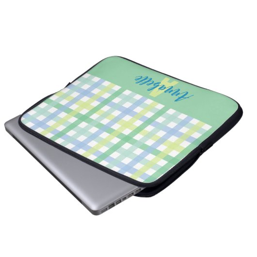 Blue Green Limon Pastel Gingham Pattern Monogram Laptopschutzhülle (Vorne Knopf)