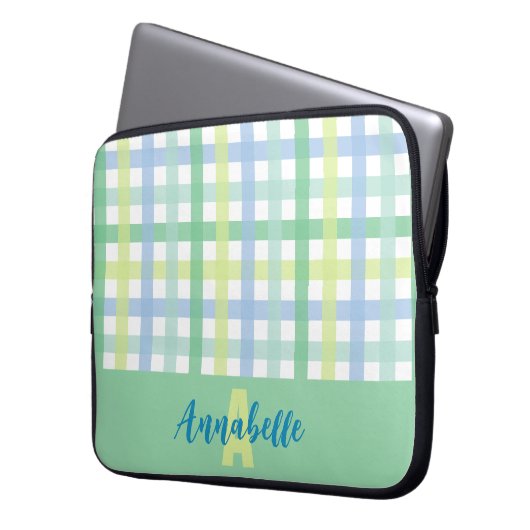 Blue Green Limon Pastel Gingham Pattern Monogram Laptopschutzhülle (Vorderseite Links)