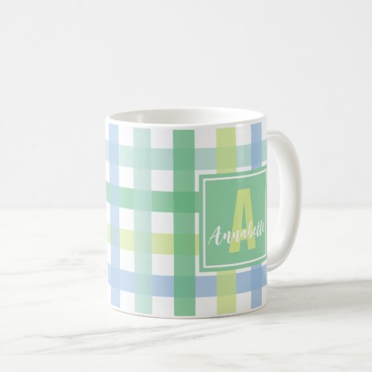 Blue Green Limon Pastel Modern Gingham Monogram Kaffeetasse (VorderseiteRechts)