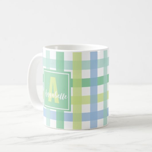 Blue Green Limon Pastel Modern Gingham Monogram Kaffeetasse (Vorderseite Links)