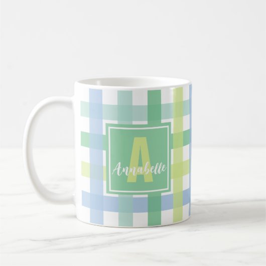 Blue Green Limon Pastel Modern Gingham Monogram Kaffeetasse (Links)