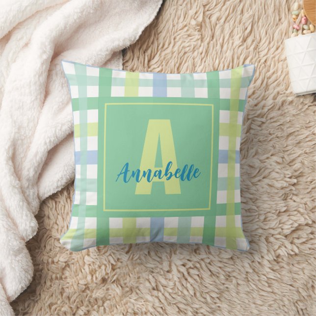 Blue Green Limon Pastel Modern Gingham Monogram Kissen (Decke)