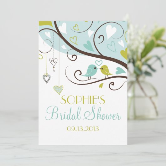 Blue & Green Lovebirds Bridal Dusche Einladungen (Stehend Vorderseite)