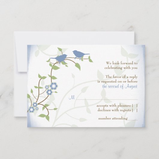 Blue Green Lovebirds Wedding RSVP Replik Card (Vorderseite)