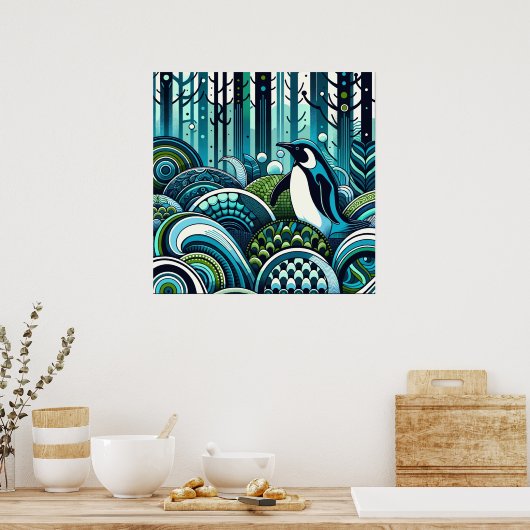 Blue Green Lovey Pinguin Outdoorwald Abstrakt Poster (Küche)