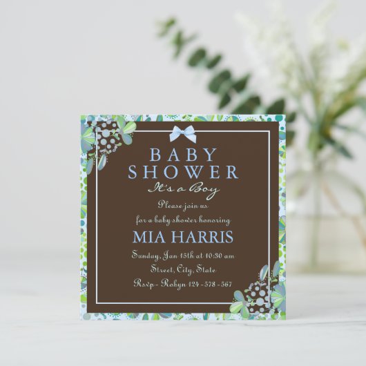 Blue & Green Lush Floral Baby Dusche laden ein Einladung (Stehend Vorderseite)