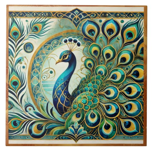 Blue Green Majestic Peacock Golden Feathers Motif Fliese (Vorderseite)