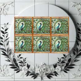 Blue Green Majestic Peacock Golden Feathers Motif  Fliese