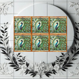 Blue Green Majestic Peacock Golden Feathers Motif  Fliese