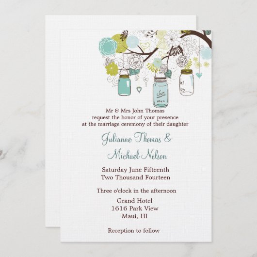 Blue Green Mason Jars Blume Hochzeit Einladung (Vorne/Hinten)