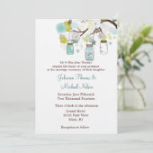 Blue Green Mason Jars Blume Hochzeit Einladung (Stehend Vorderseite)