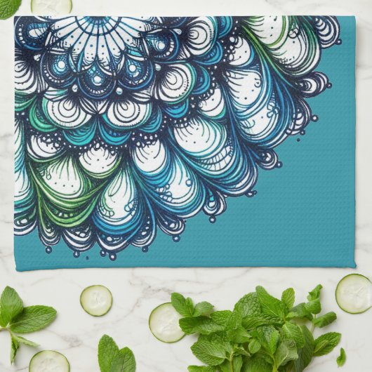 Blue Green Medallion - Abstrakt Geschirrtuch (Gefaltet)