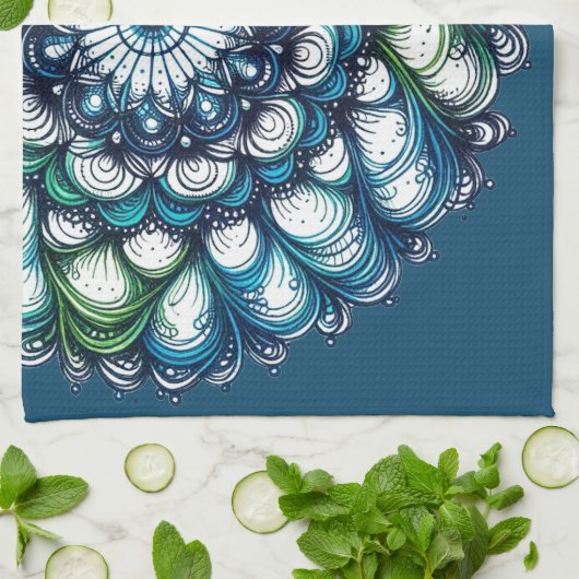 Blue Green Medallion - Abstrakt Geschirrtuch (Gefaltet)