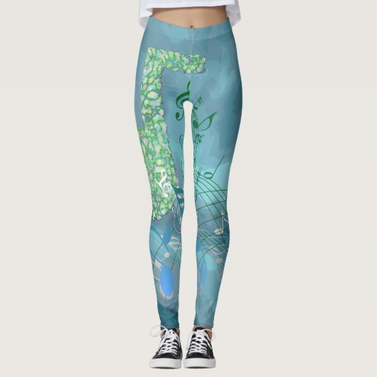 Blue & Green Musiknoten Abstrakt Leggings (Vorderseite)