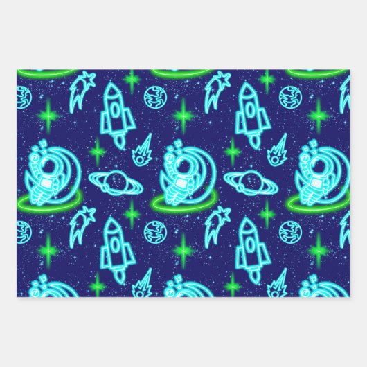 Blue Green Neon Glowing Space Astronaut Rockets Geschenkpapier Set (Vorderseite 3)