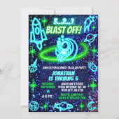 Blue Green Neon glühende Weltraumjungen zum Geburt Einladung (Vorderseite)