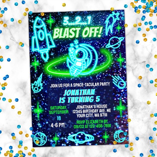 Blue Green Neon glühende Weltraumjungen zum Geburt Einladung