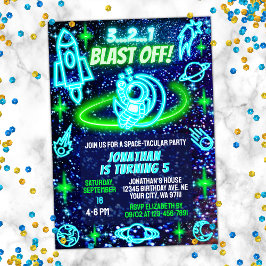 Blue Green Neon glühende Weltraumjungen zum Geburt Einladung