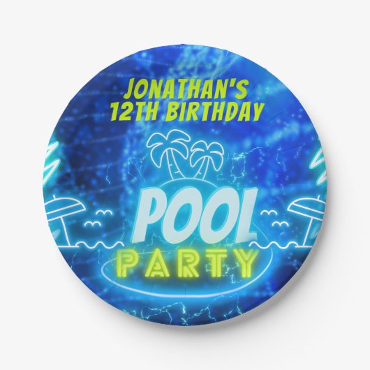 Blue Green Neonglühen Boys Birthday Pool Party Pappteller (Vorderseite)