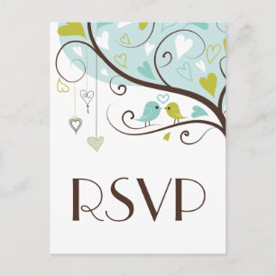 Blue & Green Niedlich Lovebirds Wedding RSVP Postc Einladungspostkarte