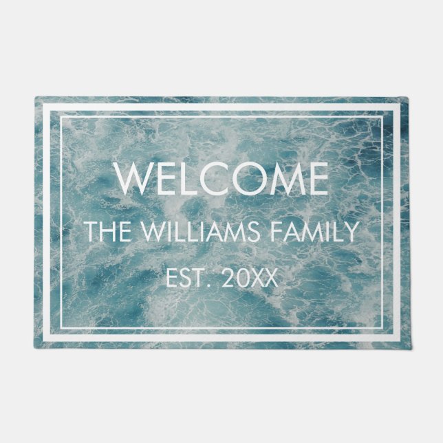 Blue Green Ocean Summer Beach Family Name Custom Fußmatte (Vorderseite)
