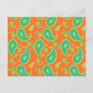 Blue Green Paisley auf Bright Orange Postkarte