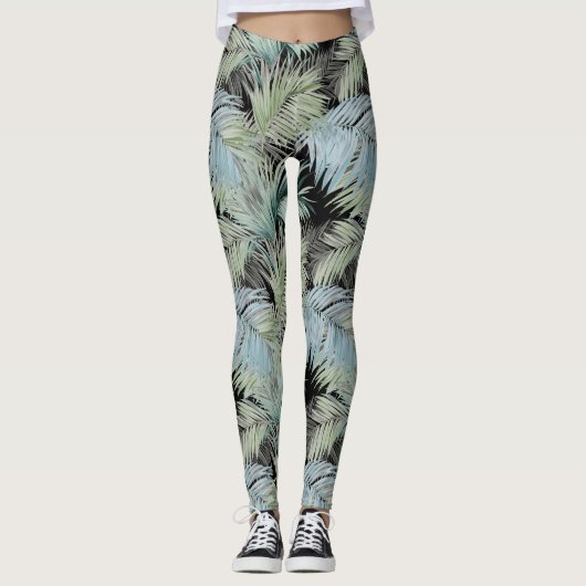 Blue Green Palm Blätter Black Leggings (Vorderseite)
