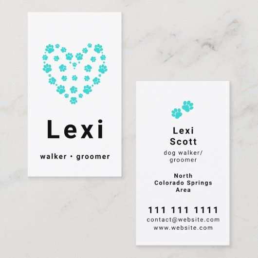 Blue Green Pawprint Heart Pet Walker Sitter Visitenkarte (Vorne/Hinten)