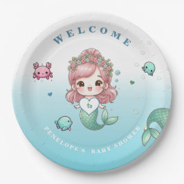Blue Green Peach Pink Adorable Mermaid Baby Dusche Pappteller
