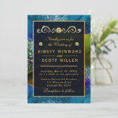 Blue & Green Peacock Agate & Gold Glitzer Wedding Einladung (Stehend Vorderseite)