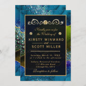 Blue & Green Peacock Agate & Gold Glitzer Wedding Einladung (Vorne/Hinten)